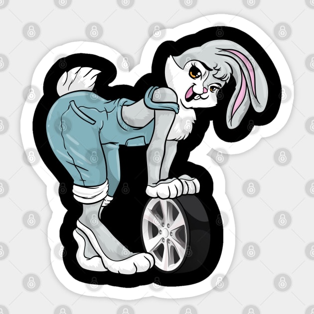 Funny mechanic bunny with a tire Sticker by Markus Schnabel